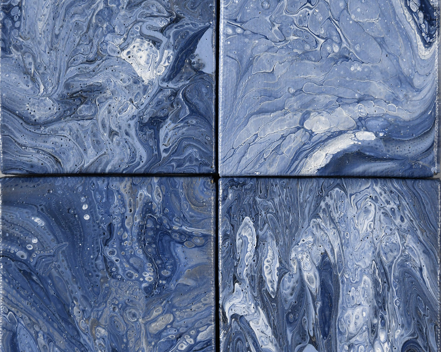 acrylic pour on canvas (2018), set of four, each canvas is 3"x3" study in blue, with hints of silver and greys