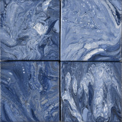 acrylic pour on canvas (2018), set of four, each canvas is 3"x3" study in blue, with hints of silver and greys