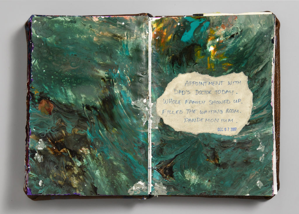visual journal entry, painted heavily with tones of olive, teal and brown, indicating an emotional storm