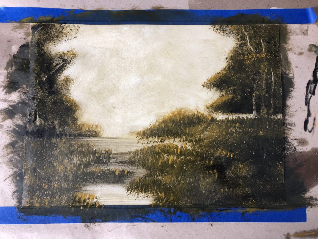 oil on paper, approx 12x18, monochrome landscape scene, painting is still taped to work surface